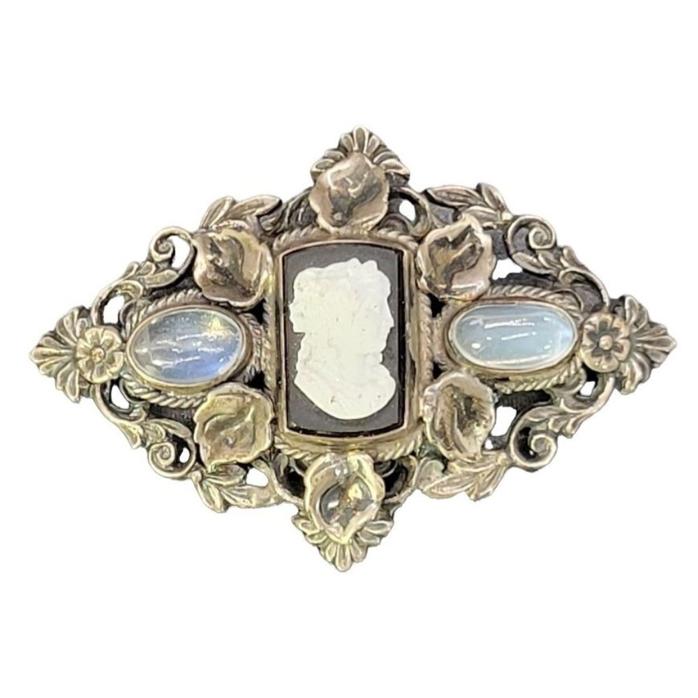 Antique Art Deco Victorian Sterling Moonstone Cameo black & white cameo Brooch P